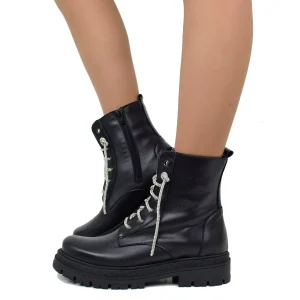 Stivaletti Donna Biker con Strass e Zip Laterale Made in Italy