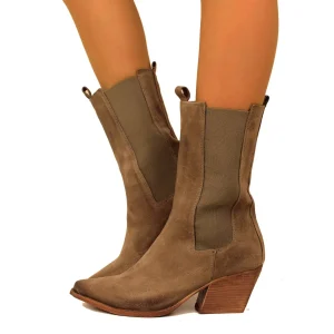 Stivali Texani Scamosciati color Taupe con Inserti Elasticizzati