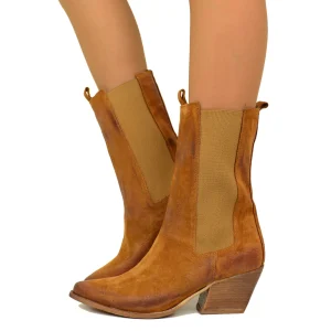 Stivali Texani Scamosciati color Cuoio con Inserti Elasticizzati