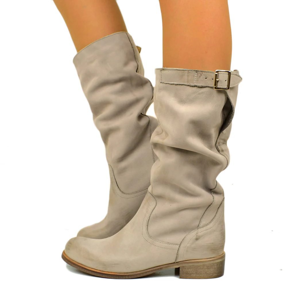 Stivali Biker Boots a Metà Polpaccio in Pelle Vintage Perla - immagine 2