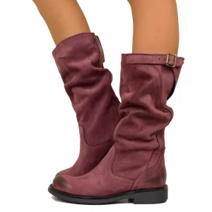 Stivali Biker Boots a Metà Polpaccio in Pelle Vintage Bordeaux