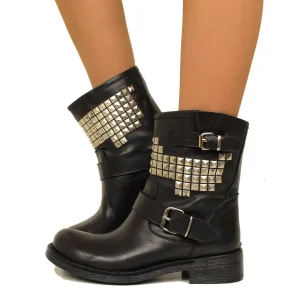 Biker Boots Donna con Borchie in Vera Pelle Nera Made in Italy
