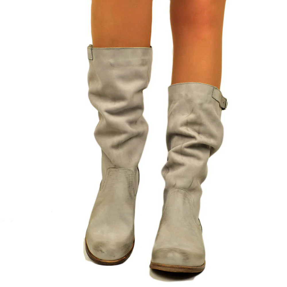 Stivali Biker Boots a Metà Polpaccio in Pelle Vintage Perla - immagine 4