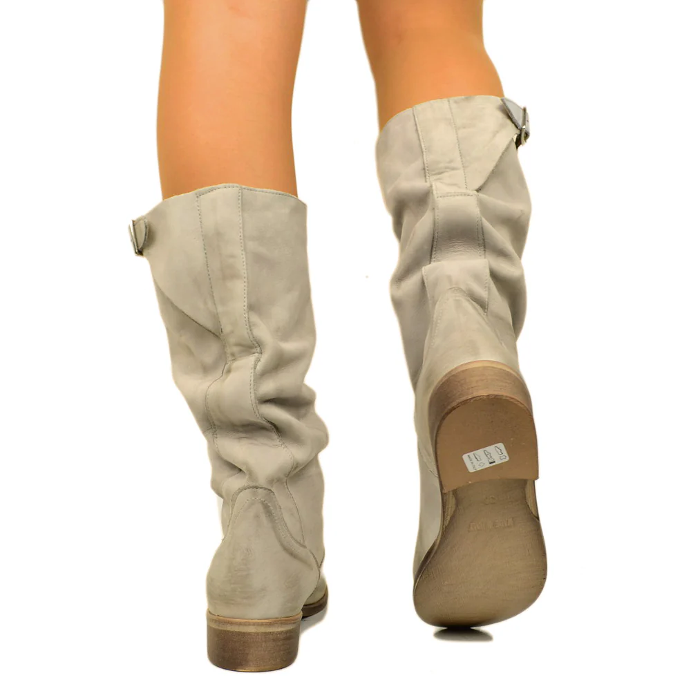 Stivali Biker Boots a Metà Polpaccio in Pelle Vintage Perla - immagine 5