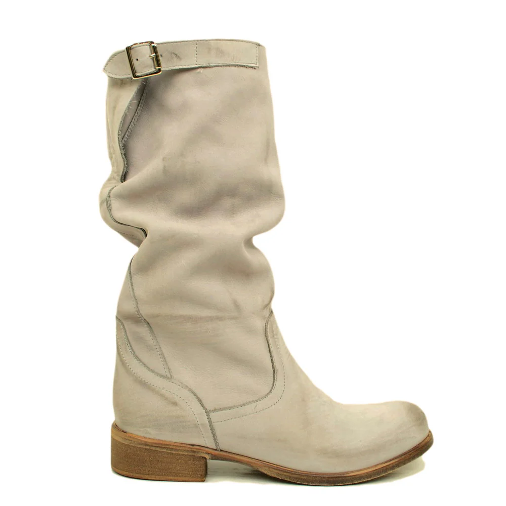 Stivali Biker Boots a Metà Polpaccio in Pelle Vintage Perla - immagine 3