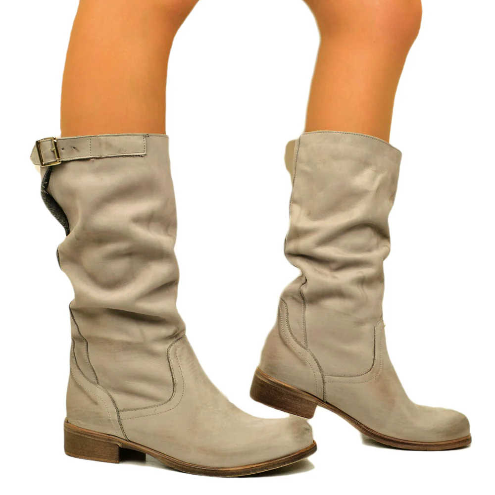 Stivali Biker Boots a Metà Polpaccio in Pelle Vintage Perla - immagine 6