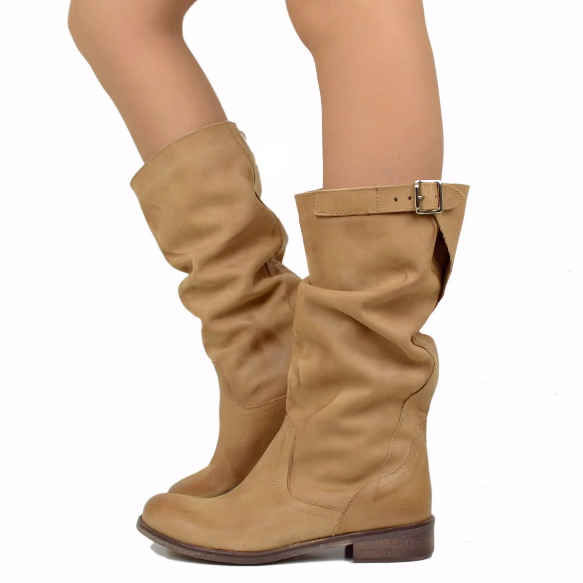 Stivali Biker Boots a Metà Polpaccio in Pelle Vintage Terra