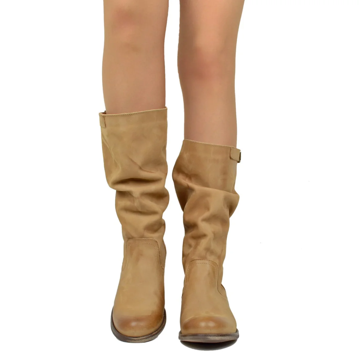 Stivali Biker Boots a Metà Polpaccio in Pelle Vintage Terra - immagine 4