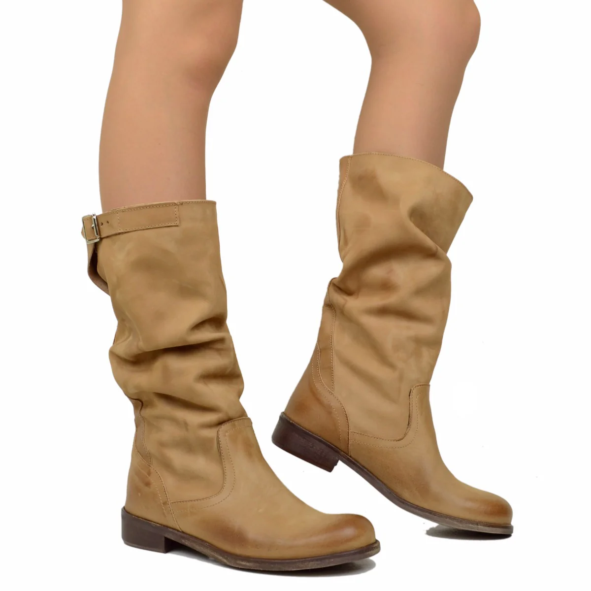 Stivali Biker Boots a Metà Polpaccio in Pelle Vintage Terra - immagine 5