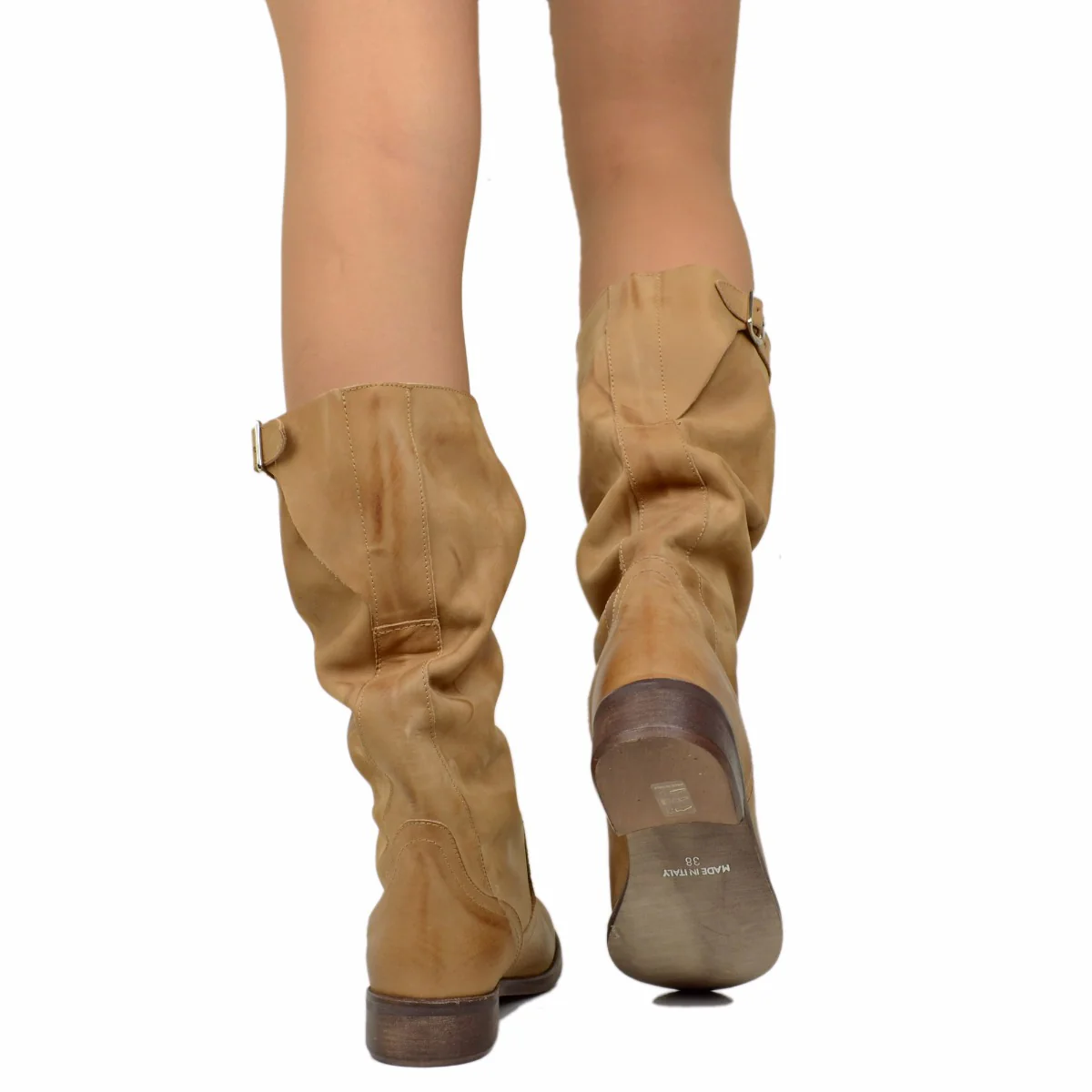 Stivali Biker Boots a Metà Polpaccio in Pelle Vintage Terra - immagine 6