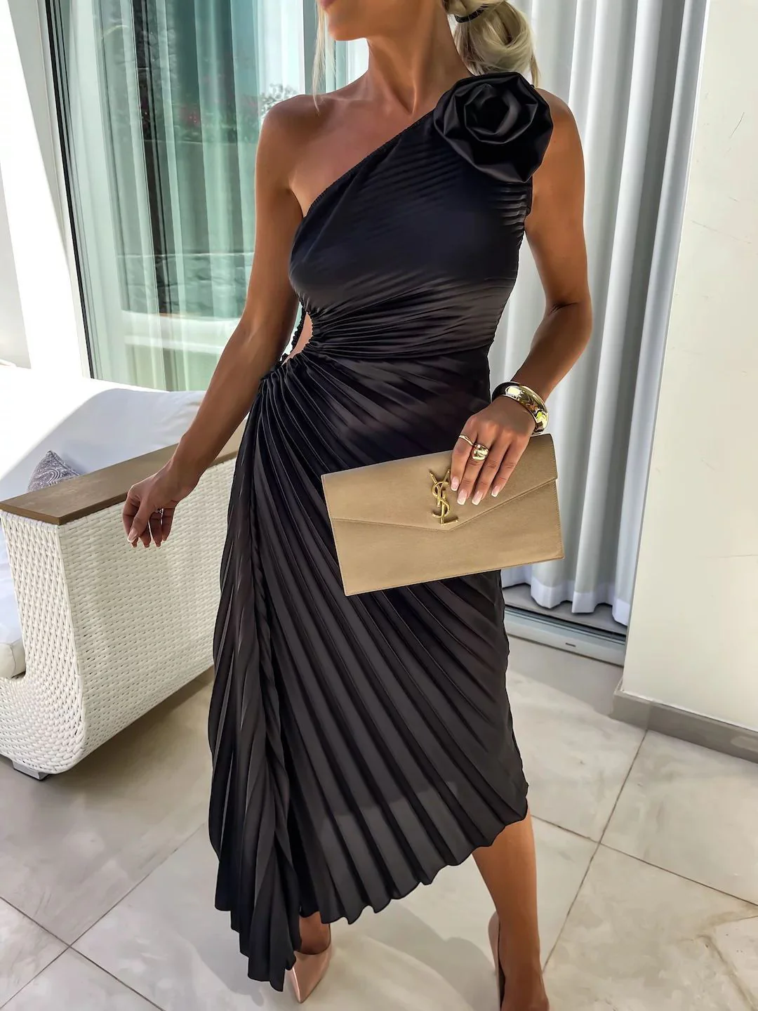 Abito a Tubino a Spalle Scoperte ins con Grande Fiore a Rosa Moda Sexy Sera Festa Club Abito - immagine 3