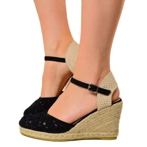 Espadrillas Campesine Nere con Zeppa in Corda in Pizzo