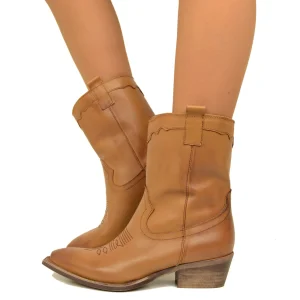 Stivaletti Donna Texani in Pelle Marroni Made in Italy
