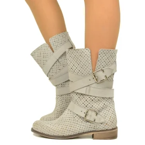 Biker Boots Stivaletti Traforati in Pelle Nabuk Perla