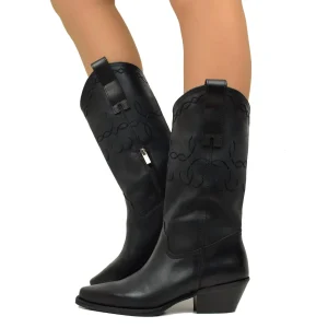 Stivali Texani Neri in Pelle Nabuk con Cuciture e Zip Laterale