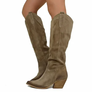 Stivali Texani Taupe Pelle Scamosciata Gambale Liscio Tacco Medio