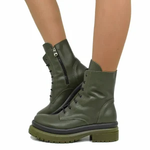 Stivaletti Donna Anfibi Biker Verdi in Pelle Made in Italy