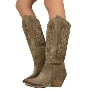 Stivali Texani Taupe in Pelle Scamosciata Tacco Medio