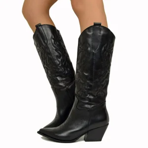 Stivali Texani Neri Vera Pelle Gambale Cucito Tacco Medio