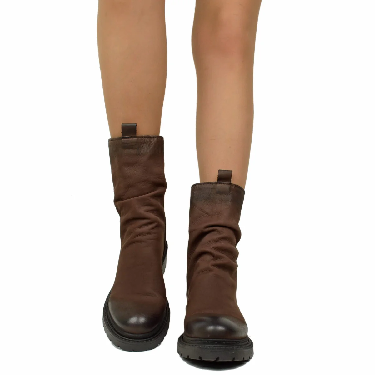 Stivaletti Donna Biker con Zip in Pelle Nabuk Testa di Moro - immagine 4