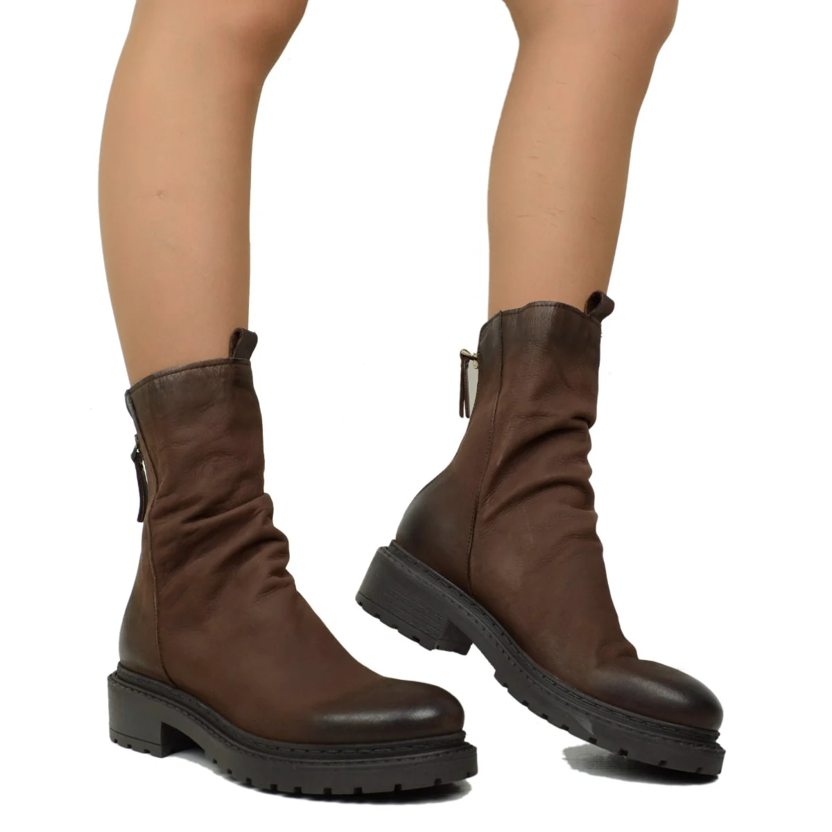 Stivaletti Donna Biker con Zip in Pelle Nabuk Testa di Moro - immagine 5