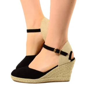 Espadrillas Campesine Neri con Zeppa in Corda Similpelle Camoscio