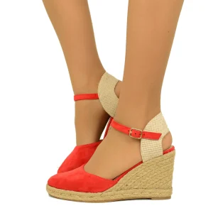Espadrillas Campesine Rosse in Similpelle Scamosciata con Zeppa