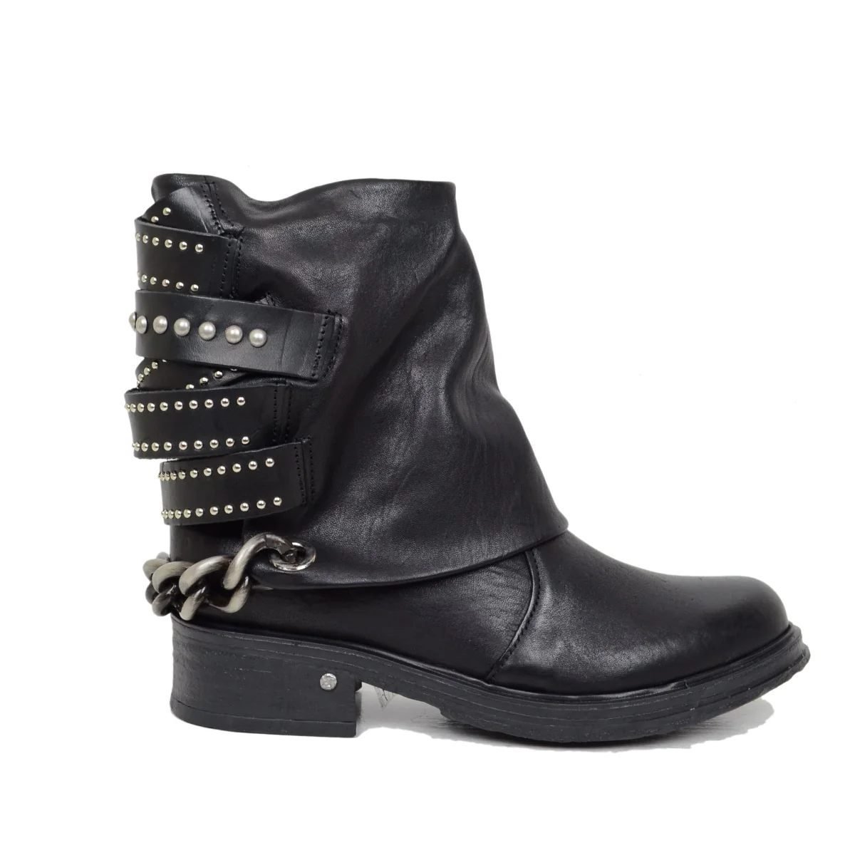 Stivaletti Donna Neri in Pelle con Catena e Borchie Made in Italy - immagine 3