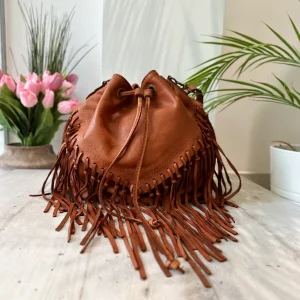 Borsa a Secchiello con Frange Cuoio in Pelle Nabuk Vintage