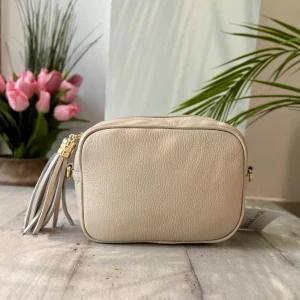 Borsa Beige a tracolla tinta unita con nappina in Vera Pelle