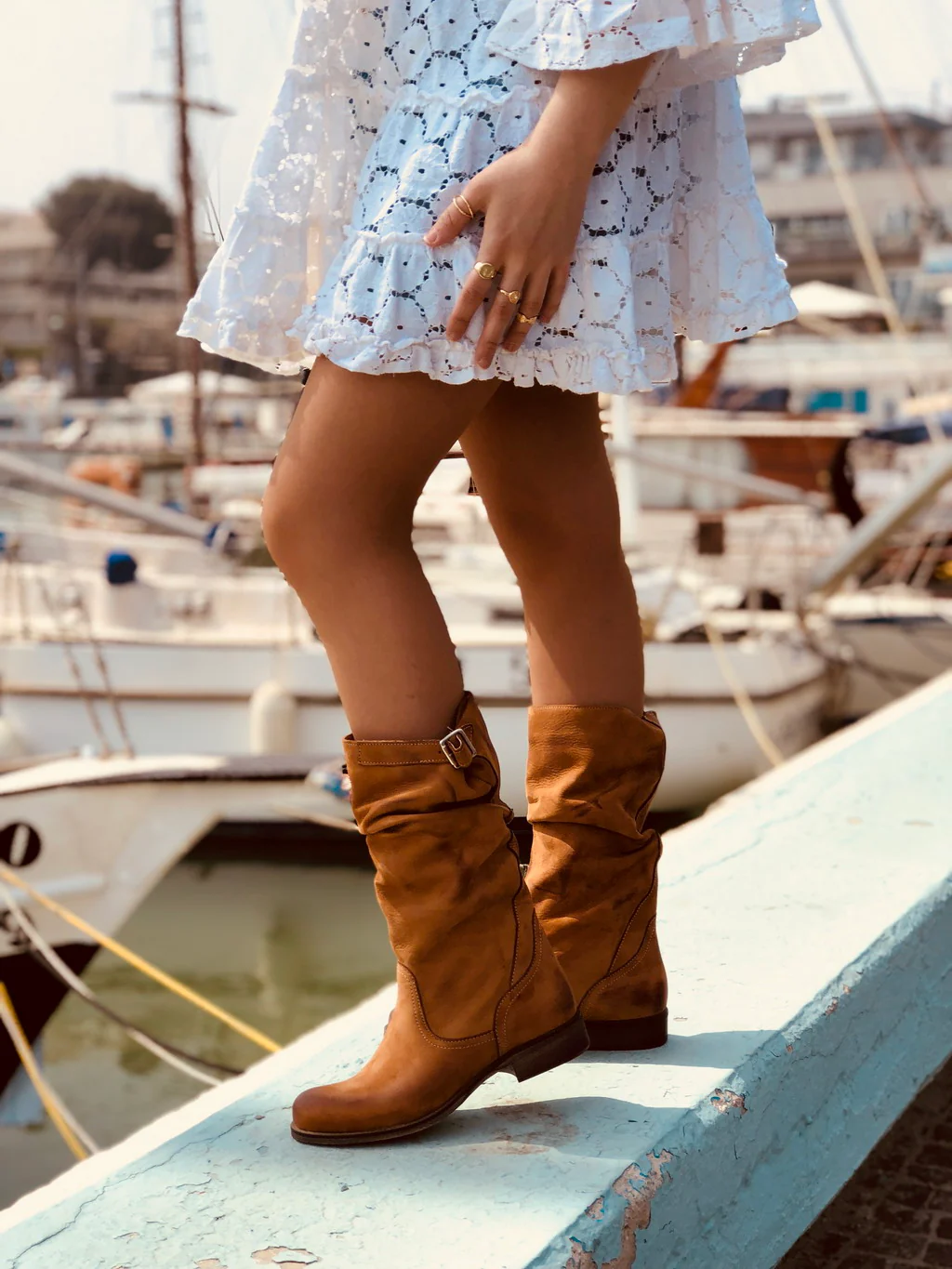 Stivali Biker Boots a Metà Polpaccio in Pelle Vintage Cuoio - immagine 3