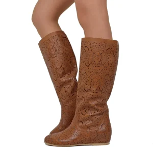 Stivali Traforati Stile Pizzo con Zeppa Interna in Pelle Cuoio