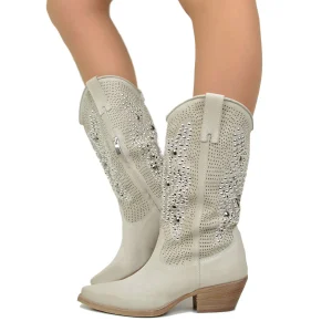 Stivali Texani Traforati Offwhite in Pelle Scamosciata con Borchie