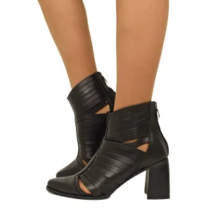 Stivaletti Donna Neri Aperti con Fasce in Pelle Made in Italy