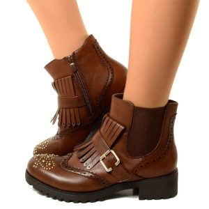 Stivaletti Donna Marroni con Inserti Elasticizzati e Frange