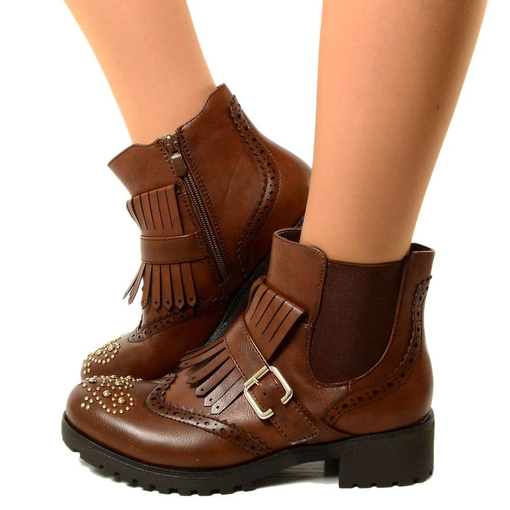 Stivaletti Donna Marroni con Inserti Elasticizzati e Frange