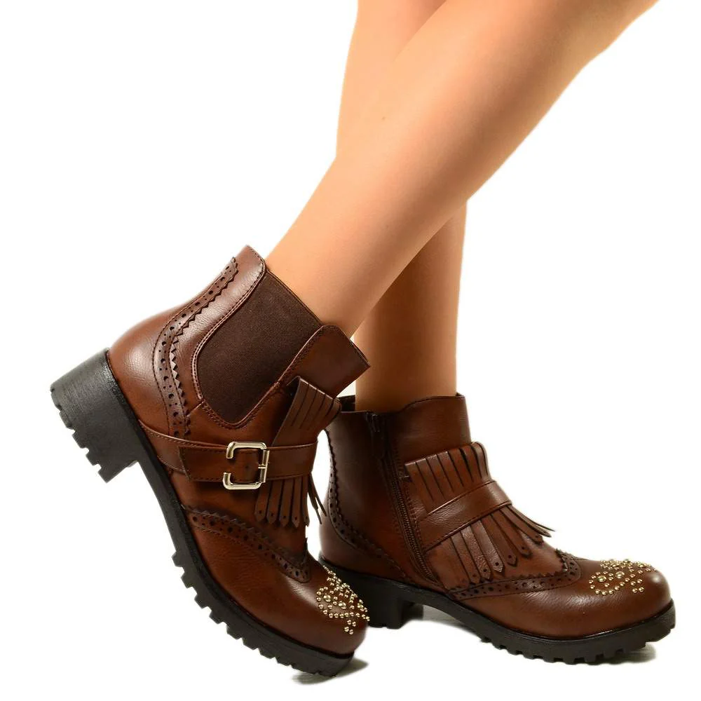 Stivaletti Donna Marroni con Inserti Elasticizzati e Frange - immagine 5