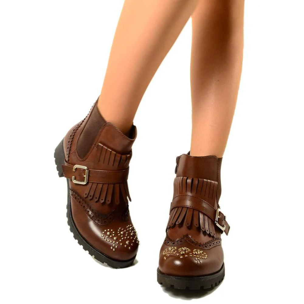 Stivaletti Donna Marroni con Inserti Elasticizzati e Frange - immagine 4