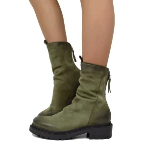 Stivaletti Donna Biker con Zip in Pelle Nabuk Verdi Made in Italy