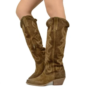 Stivali Texani Traforati in Pelle Scamosciata Taupe Made in Italy