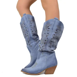 Stivali Texani Traforati Estivi in Pelle Scamosciata Jeans