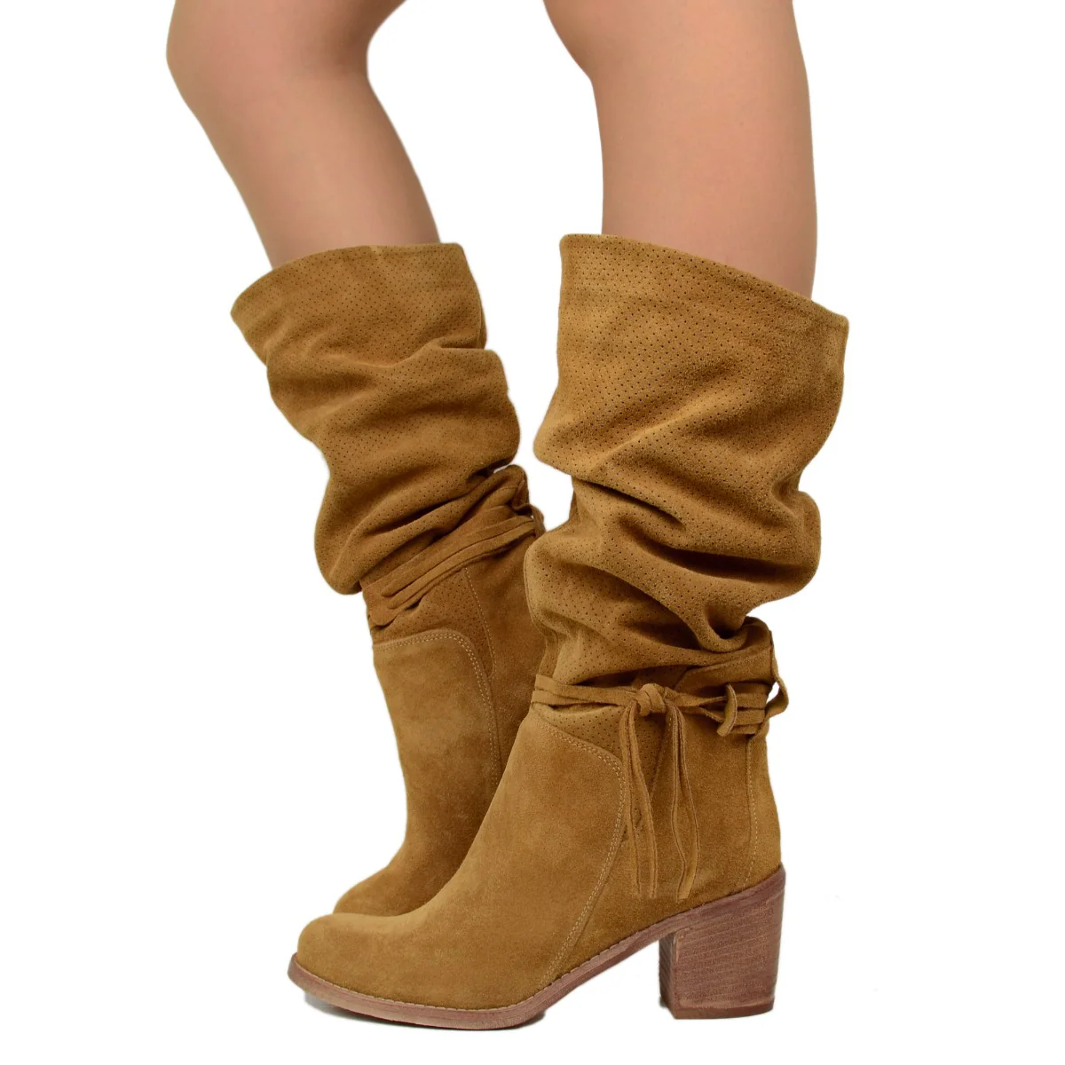 Stivali Donna Estivi Traforati in Pelle Cuoio Scamosciati - immagine 2