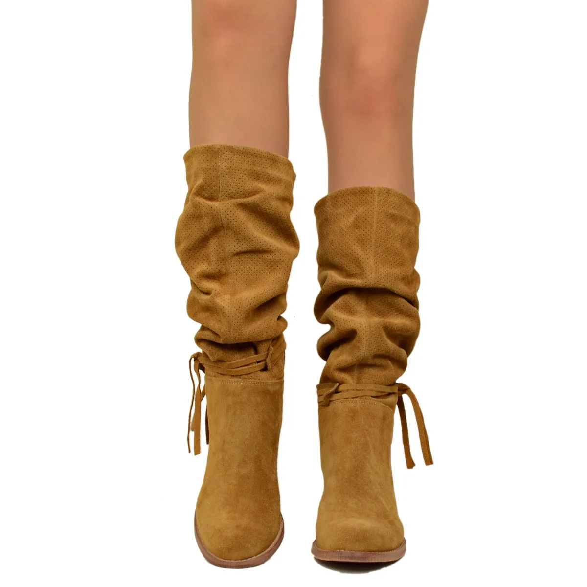 Stivali Donna Estivi Traforati in Pelle Cuoio Scamosciati - immagine 4