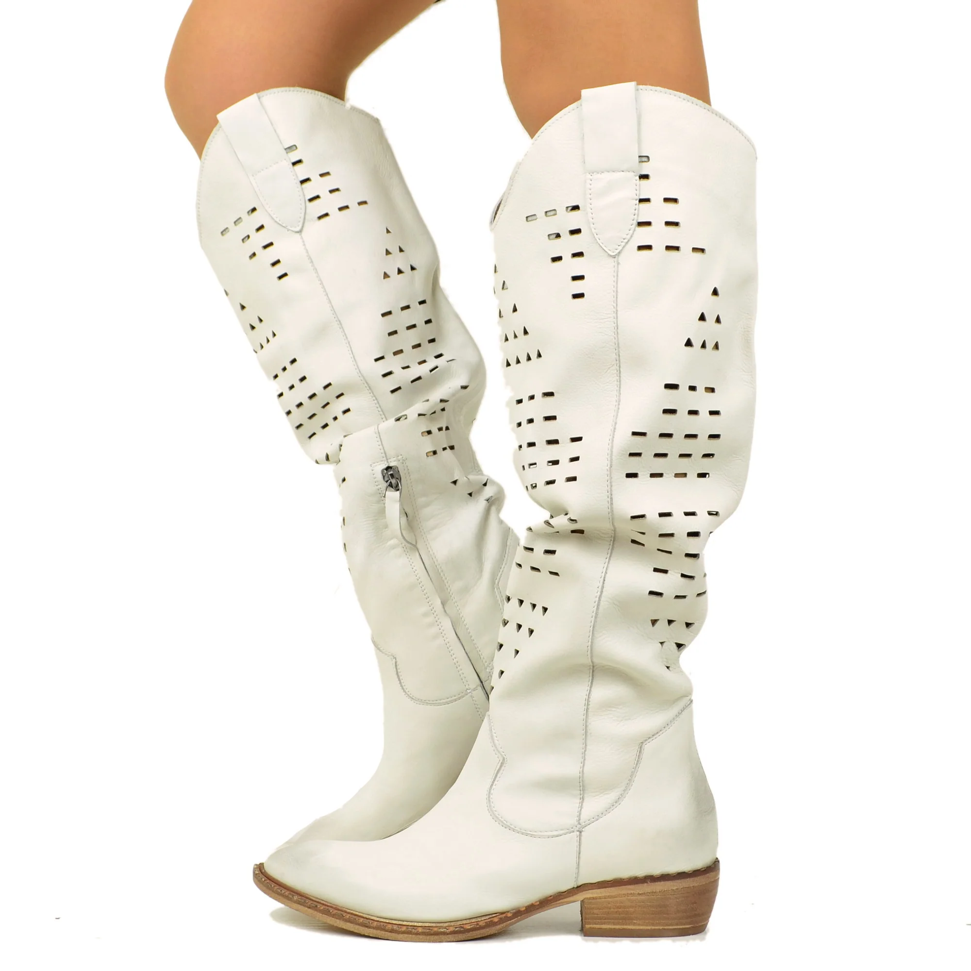 Stivali Texani Bianchi Traforati in Pelle Made in Italy - immagine 2