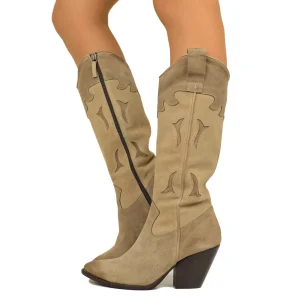 Stivali Texani Scamosciati Beige con Zip Laterale Made in Italy