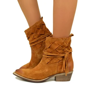 Stivaletti Donna Texani in Pelle Scamosciata Marroni Made in Italy