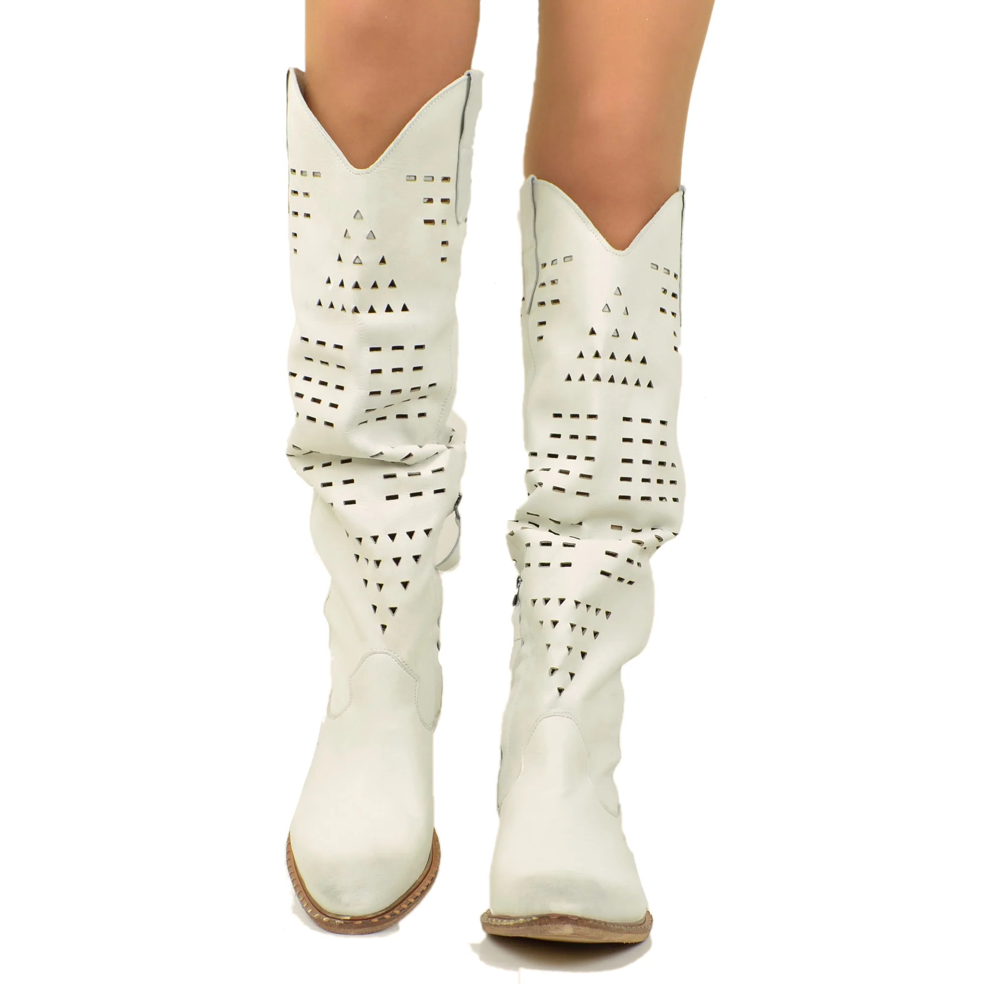 Stivali Texani Bianchi Traforati in Pelle Made in Italy - immagine 5