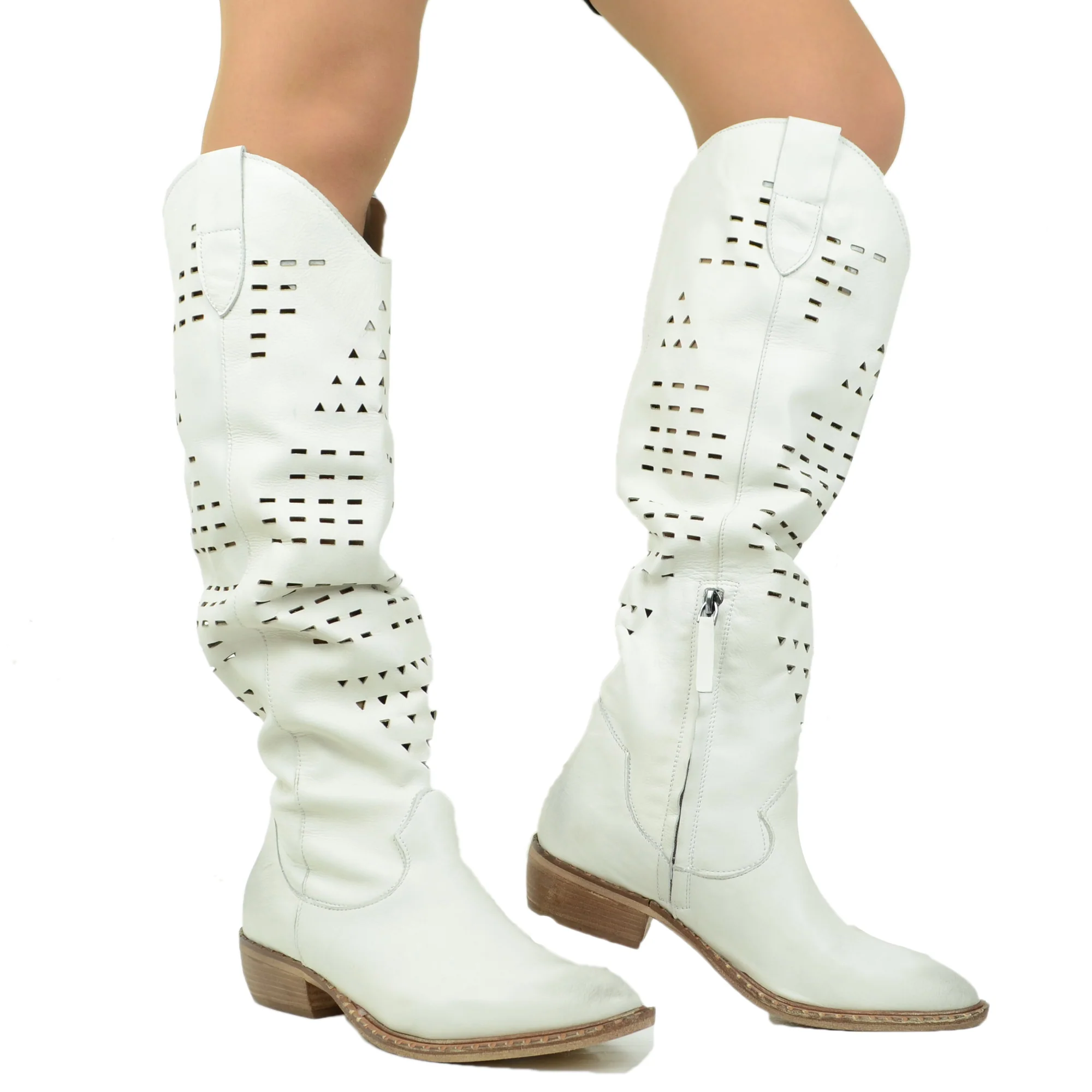 Stivali Texani Bianchi Traforati in Pelle Made in Italy - immagine 4