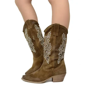 Stivali Texani Traforati Taupe in Pelle Scamosciata con Borchie