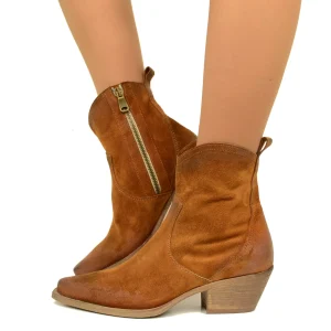 Stivaletti Donna Texani in Pelle Scamosciata Cuoio Made in Italy